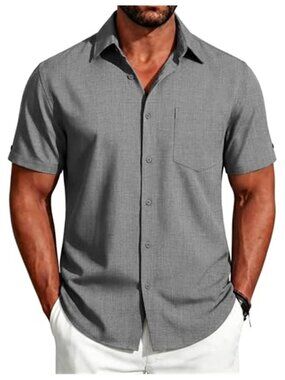 Men Dark Grey Short Sleeve Button Down Linen Shirt Summer Beach Casual Pocket